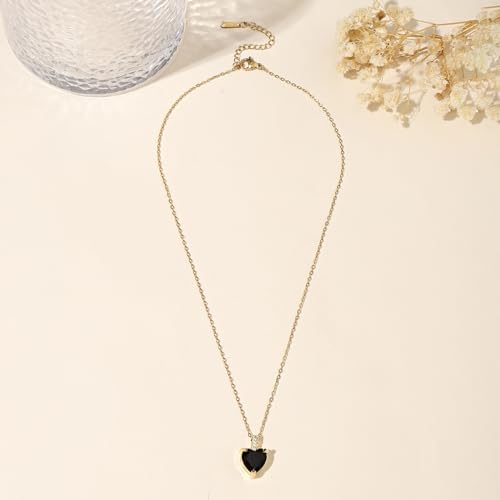 Heart Birthstone Necklace for Women, 14K Gold Plated Birthstone Pendant Necklace Cubic Zirconia Diamond Necklace Dainty Gold Necklace Birthday Gifts for Women Girls - color: Black Tourmaline