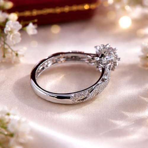 925 Sterling Silver Plated Diamond Ring Hollow Out Flower Ring Cz Simulated Diamond Star Ring Crystal Rings Delicate Everyday Ring for Women (Silver, 10) - size: 10