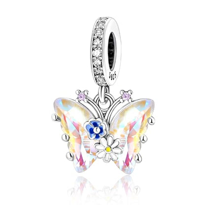 S925 Bead Pendant Charms for Bracelets Necklaces, Compatible with Pandora, Jewelry Making DIY - style: Colorful Butterfly Charms with Flower