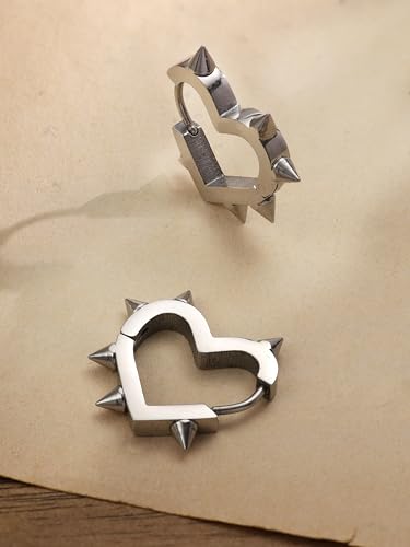Huggie Hoop Spike Heart Earrings, Gothic Punk Grunge Emo Y2k Earrings, Goth Jewelry, Christmas Jewelry Gift For Women - color: silver
