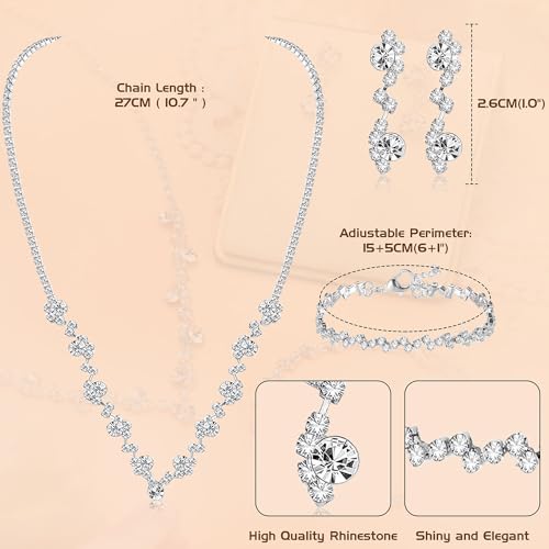 Jstyle Silver Bridal Wedding Jewelry Set Crystal Necklace Bracelet Dangle Earrings Set for Bride Bridesmaid Rhinestone Necklace Prom Costume Jewelry Set Accessories for Women