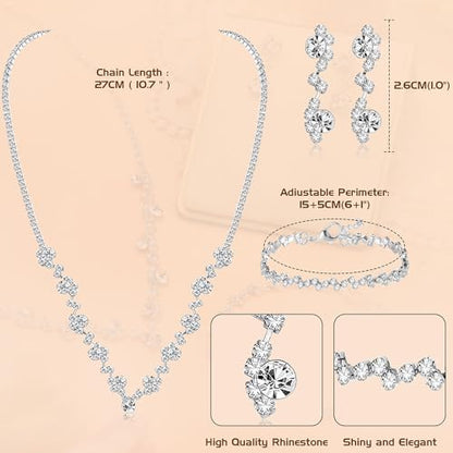 Jstyle Silver Bridal Wedding Jewelry Set Crystal Necklace Bracelet Dangle Earrings Set for Bride Bridesmaid Rhinestone Necklace Prom Costume Jewelry Set Accessories for Women