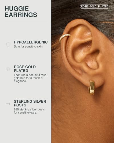 PAVOI 14K Gold Plated 925 Sterling Silver Post Huggie Earrings - Small Hoop Earrings for Women - style: Rose
