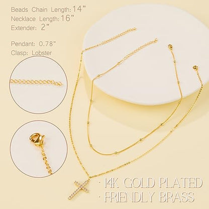 Poxtex Cross Necklace for Women Teen Girls, Dainty 14K Gold Silver Plated Cross Choker Jewelry Non Tarnish Waterproof Cute Simple Small Necklace Christian Baptism Religious Faith Jewelry Gifts - color: 07 Stack Cross Necklace - Gold