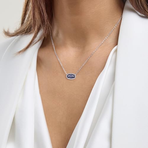 Belacqua Gemstone Necklace in Sterling Silver,Halo Pendant with Accent, Oval Cut 6 * 12mm, 15" Cable Chain with 2" Extender, Spring Ring Clasp, Dainty Birthstone Necklace for Women, Gift Box Included - color: 12-December-Blue Tanzanite