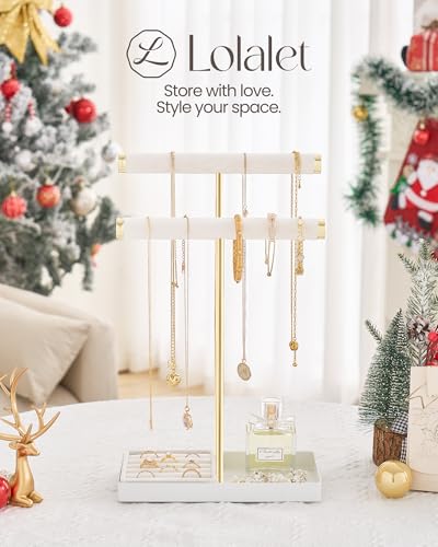 Lolalet 2-Tier Necklace Holder Display, Jewelry Stand with Ring Tray -White | Velvet Wrapped Jewelry Organizer, Tall Bracelet Stand for Bangles Watches Earrings, Gifts for Mom Girls Women Mother's Day - color: White
