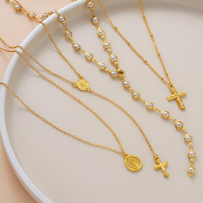 4PCS Layered Gold Cross Necklaces for Women Trendy, Bohemian Bead Pearl Y Long Pendant Necklace Set, Vintage Rosary Necklace Stack Adjustable Length