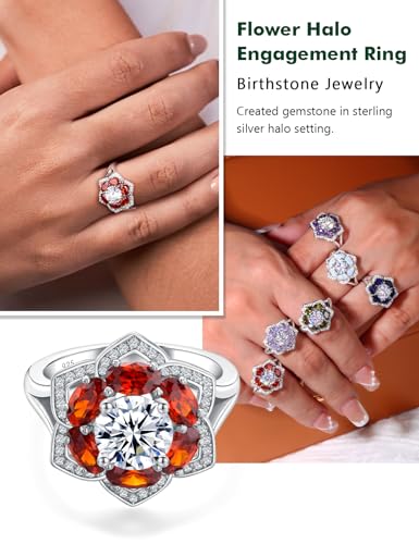 Flower Engagement Promise Ring Sterling Silver Birthstone Rings for Women Sapphire/Emerald/Ruby Gemstone Six Leaf Clover Statement Cocktail Ring Size 6 to 10 - style: 01. January-Created Garnet