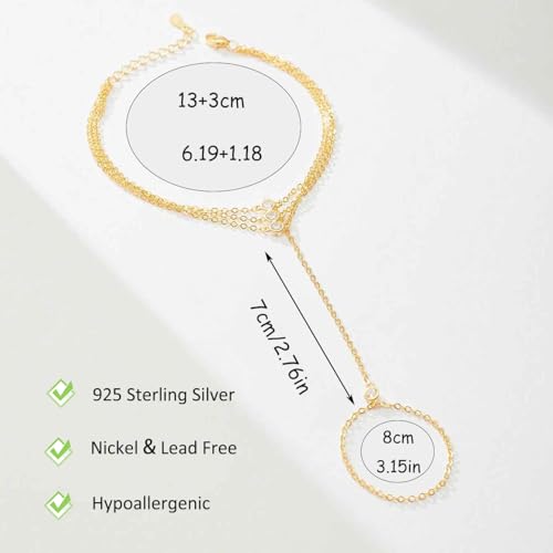 925 Sterling Silver Hand Chain Bracelet for Women | 14k Gold Plated CZ Crystal Heart Starburst Ring Bracelets Hand Chain Diamond Layered Stackable Link Chain Beach Jewelry Gifts - color: Gold