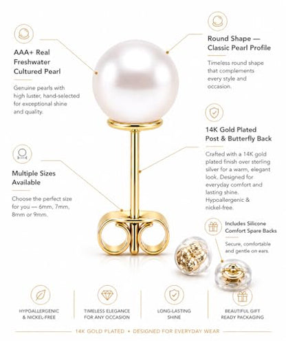 AAA+ Real Freshwater Pearl Stud Earrings, Sterling Silver Hypoallergenic | Hand-Matched White Round Pearls, 925 Silver Posts & Backs, Smooth High-Luster Surface, Soule Pearl Gift Box - color: 14K Gold Plated, size: 6.0-6.5mm