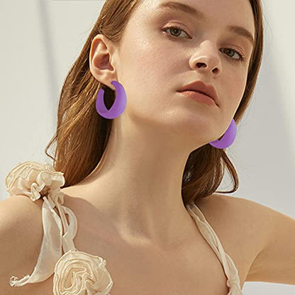 Acrylic Resin C Shape Colorful Hoop Trendy Chunky Cute Candy Earrings - Jewelry for Women - color: Dark Violet