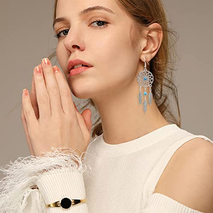 KaFu Woman Retro Silver BOHO Style Metal Dangle Drop Earrings Dream Catcher Statement Feather Dangle Tassels Turquoise Earrings for Women Girls - color: Silver-4