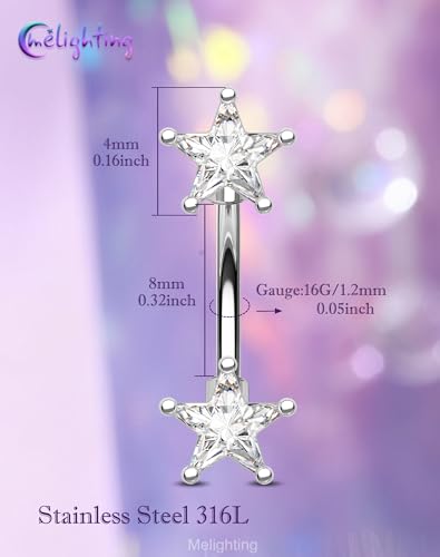 Melighting 16G Gold Star Rook Piercing Bar, 6/8 mm Rook Earring with Clear CZ, 316L Stainless Steel Stylish Eyebrow Lobe Piercing Jewellery for Daily Wear Women - color: Steel, size: 16G8mm