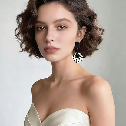 Handmade Lightweight Retro Polka Dot Square Hollow Round Dangle Drop Earrings Unique Chic Resin Geometric Stud Earrings For Women - style: white 1