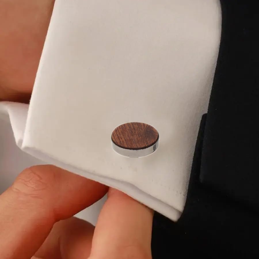 ARFUKA Round Wooden Black Copper Cufflinks Set for Men Handcrafted Elegant Shirt Studs & Jewelry Accessories