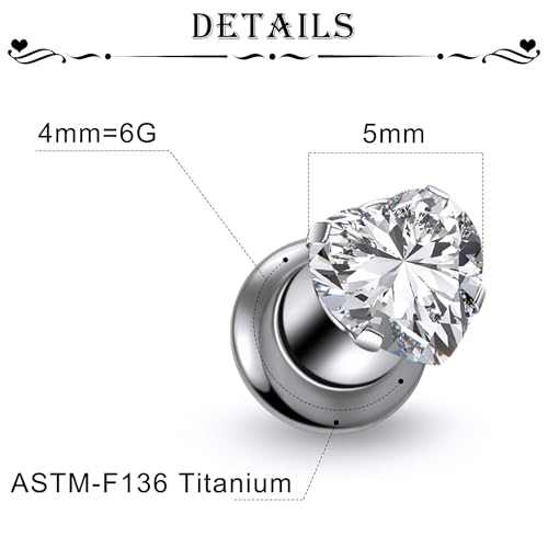 Astm F136 Titanium Heart CZ Ear Gauges Screw Fit Flesh Tunnels Plugs Gauges Earring Expander Stretcher Ear Tunnels For Ears 10G 8G 6G 4G 2G 0G 00G Plug Earrings Piercing Jewelry For Women Men - color: 6G Gauges