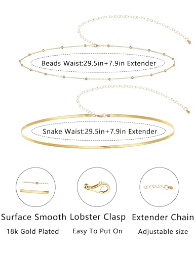 2Pcs Waist Chain 18K Gold Plated Belly Chain Coin Sequin Satellite Beaded Snake Box Chain Layered Body Chain Sexy Bikini Summer Beach Body Jewelry Accessories for Women Adjustable - style: snake chain