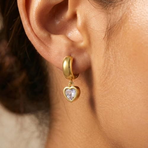 Gold Chunky Dangle Earrings for Women, Bezel Set Cubic Zirconia Charm | 14K Gold Silver Plated, Statement Huggie Hoops Drop Earrings, Trendy Jewelry Gifts, High Grade CZ, Hypoallergenic Lightweight - color: GD-Heart CZ Hoop