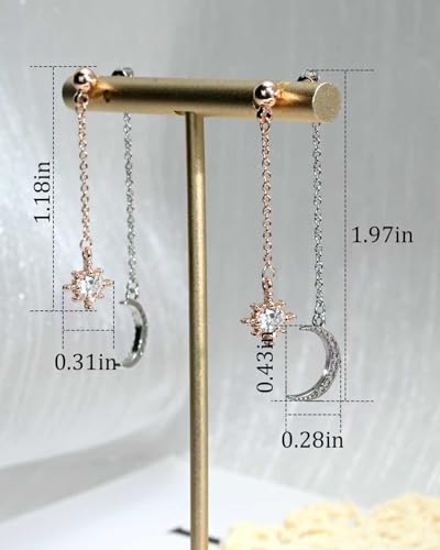 Moon and Star Dangle Earrings | Chain Tassel with Cubic Zirconia Drop Front and Back Earrings Celestial Jewelry for Wedding Gift - color: Rose Gold and Silver