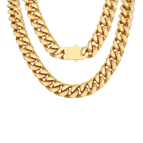 FindChic Cuban Link Chain Necklace for Women Men, Silver/Gold Plated Stainless Steel Solid Miami Curb Chain Hip Hop Punk Statement Jewelry, 5/12/14mm Width, 16/18/20 Inch Length, with Gift Box - color: 04. 12mm-Gold, size: 18inches