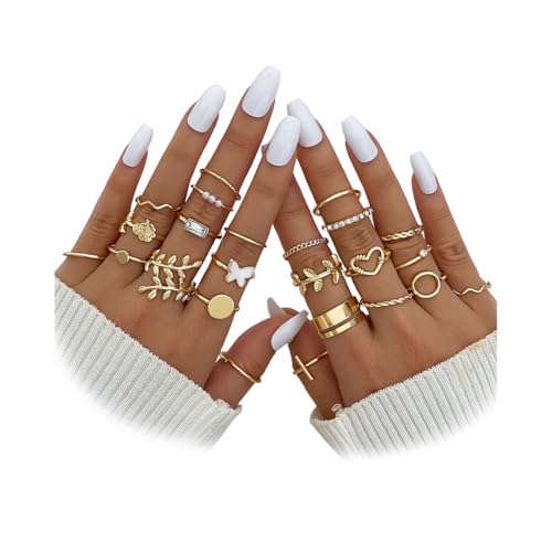 IFKM Gold Knuckle Rings Set For Women Vintage Stackable Joint Finger Midi Rings Dainty Cubic Zirconia Crystal Simple Twist Hollow Cute Rings Pack Jewelry Gift - color: Gold, style: Love of Leaves