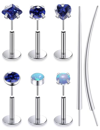 F136 Titanium 20/18/16g Internally Threaded Medusa Monroe Lip Ashley Labret Nose Rings Flat Back Tragus Helix Cartilage Conch Screw Stud Earrings Surgical Steel Piercing Jewelry for Women - color: Blue CZ, size: 16g*1/4in
