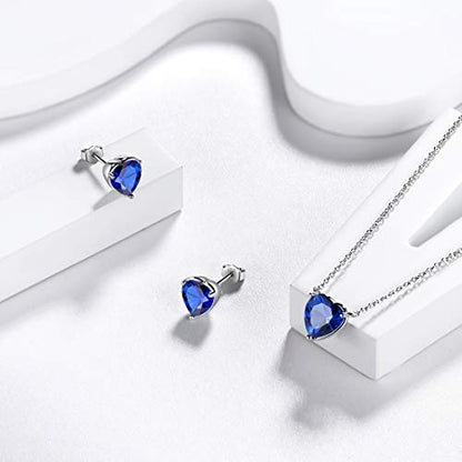 Aurora Tears Hearts Necklace Earrings Jewelry Sets - Women 925 Sterling Silver Birthstone Pendants Earrings Set Crystal Wedding Birthday Jewelry - color: I.September-set