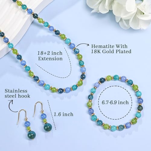 Beaded Necklaces for Women 3Pcs Colorful Boho Gemstone Bead Choker Summer Natural Stone Surfer Beach Bead Necklace Bracelets Earring Set Handmade Jewelry for Women Gift Jewelry Sets - color: Green/Blue