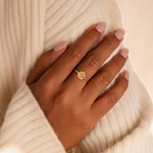 Birth Flower Stacking Ring for Women | 14K Gold Plated Brass, 12 Engraved Floral Motifs, Slim Stack-Ready Band, Available in US Sizes 5-9 - style: Oct.-Marigold