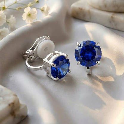 Mariell Cubic Zirconia Crystal Wedding Clip On Stud Earrings for Women, 2 Carat CZ Jewelry For Brides - color: Sapphire