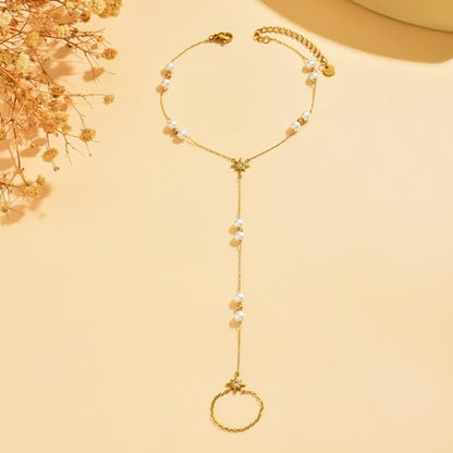 Toe Ankle Bracelets for Women Waterproof, 18K Gold Plated Pearl Anklet Dainty Layered Pearl Daisy Tassel Cubic Zirconia Star Adjustable Link Chain Anklets, Summer Beach Boho Foot Jewelry - style: Y-Pearl Star Anklet