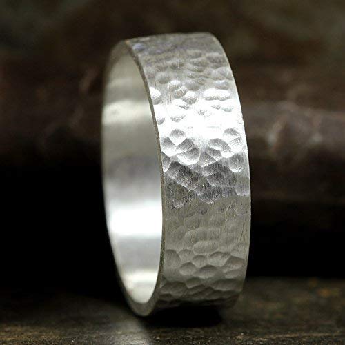 925 Sterling Silver Wedding Ring Hammered Flat Pipe Cut Textured Thick & Durable Handmade Unisex Mens & Women Rustic Engagement Promise Band - US Size 4-13 - Custom Engraving - color: 01 - 7mm Silver