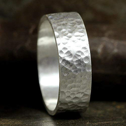 925 Sterling Silver Wedding Ring Hammered Flat Pipe Cut Textured Thick & Durable Handmade Unisex Mens & Women Rustic Engagement Promise Band - US Size 4-13 - Custom Engraving - color: 01 - 7mm Silver