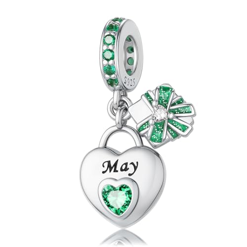 HappyStar 925 Sterling Silver Happy Birthday Bead Charm Love Heart Shape Birthstone Charms for Bracelets Dangle Pendant with 5A Cubic Zirconia Compatible Pandora Bracelets Jewelry Gift for Women - color: 5-May Birthstone Charms