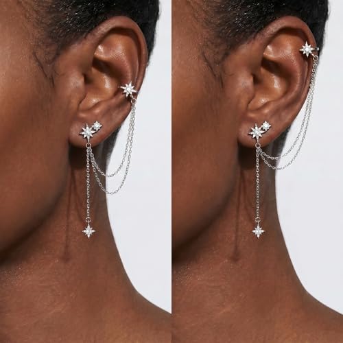 SLUYNZ 925 Sterling Silver Fashion Star Cuff Earring Chain for Women Star Crawler Earring Wrap Earrings - color: One Earring(Left)-A-Silver
