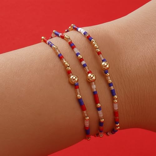 Colorful Gold Beaded Bracelets for Women Boho Tiny Gold Plated Ball Stretch Stackable Small Seed Beads Bracelet Stack Trendy Jewelry Set Dainty Vacation Friendship Christmas Gifts for Women - color: Red Blue