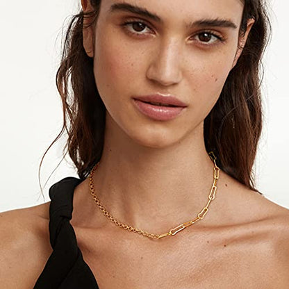 Aobei Pearl 18K Gold Plated Paperclip Chain Choker Satellite Chain Freshwater Cultured Biwa Pearl Pendant Necklace Dainty Turquoise Jewelry for Women - color: The Golden Asymmetric Chain