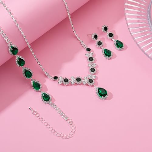 Paxuan Silver/Gold Rhinestone Crystal Wedding Bridal Bridesmaids Earrings Bracelet Set for Women Brides Bridesmaids Crystal Rhinestone Bracelet Earrings Set for Wedding Bridal Prom Pageant - color: Emerald Green