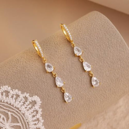 Sonateomber Gold Silver Small Hoop Dangle Earrings for Women, Trendy Dainty Rhinestone CZ Dangling Prom Wedding Leaf Flower Snowflake Butterfly Starfish Fashion Jewelry Gift - color: Gold Teardrop