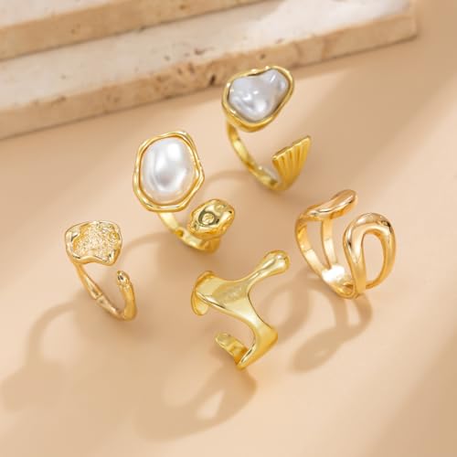 CSIYANJRY99 Gold Silver Rings Set for Women Trendy Irregular Chunky Gold Ring Baroque Pearl Rings Stackable Statement Knuckle Ring Jewelry - color: C-Gold