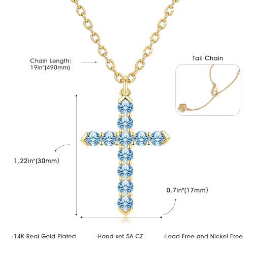 Cross Necklace for Women, Silver Cross Pendant Necklaces | 14K Gold Plated, Dainty CZ Cross Necklace, Non Tarnish and Hypoallergenic Jewelry for Women, Christian Religious Faith Gifts - color: A-Light Blue-Gold