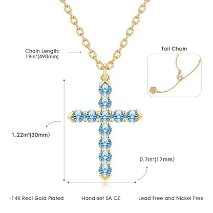 Cross Necklace for Women, Silver Cross Pendant Necklaces | 14K Gold Plated, Dainty CZ Cross Necklace, Non Tarnish and Hypoallergenic Jewelry for Women, Christian Religious Faith Gifts - color: A-Light Blue-Gold