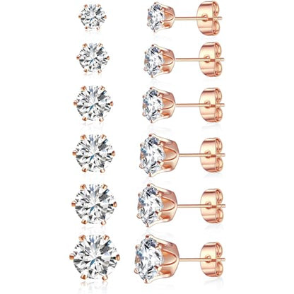Gemsme 5 Pairs Princess Cut Cubic Zirconia Stud Earrings for Women/Men - 18K Gold Plated Hypoallergenic 3-7mm Square Clear CZ Earring Set - color: Rose Gold-Round 6 Prong
