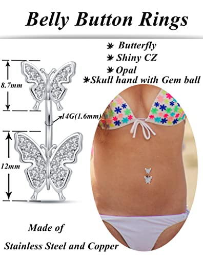6-8-12PCS 14G 6-10mm Short Bar Tiny Heart Butterfly Evil Eye Devil Heart Snake Skull CZ Skull hand with Gem ball Stainless Steel Belly Button Rings Navel Rings for Women Barbell Eyebrow Body Piercing Jewelry - color: F:8Pcs(Skull hand with Gem Ball)