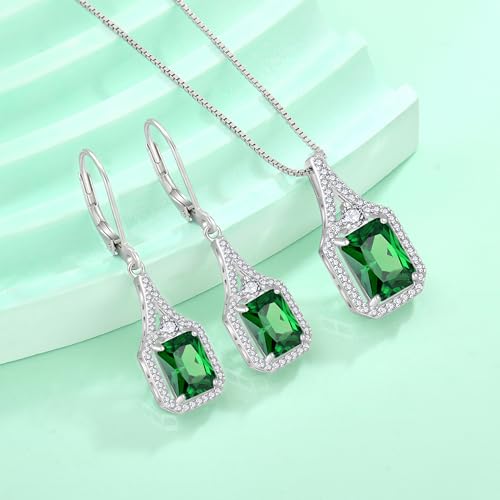 Created Gemstone Necklace 925 Sterling Silver Halo Rectangular Pendant Birthstone Necklaces Jewelry Gifts for Women - color: 05 May - Emerald