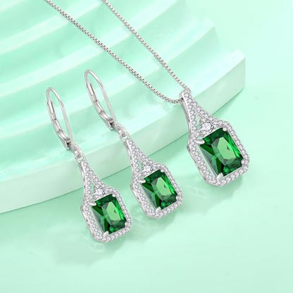 Created Gemstone Necklace 925 Sterling Silver Halo Rectangular Pendant Birthstone Necklaces Jewelry Gifts for Women - color: 05 May - Emerald