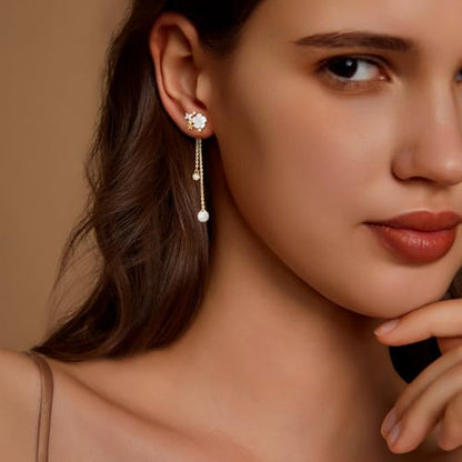 Pearl Earrings for Women 14k Gold/Silver Pearl Drop Earrings Long White Pearl Tassel Dangle Statement Earrings Bridal Wedding Dainty Prom Earrings Birthday Gifts Jewelry - color: Gold CZ Flower Pearl Drop Earrings