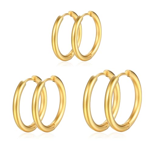Silver Gold Hoop Earrings for Women Men, 316L Surgical Stainless Steel Huggie Hoop Earrings Set Hypoallergenic Small Cartilage Earrings Lightweight Hoop Earrings Huggie Set - color: gold-16/18/20mm
