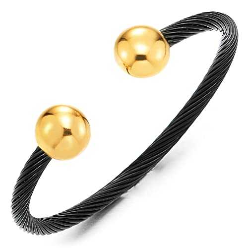 COOLSTEELANDBEYOND Elastic Adjustable Stainless Steel Cuff Bangle Bracelet for Mens Womens - color: J-Metal Color: Black & Gold