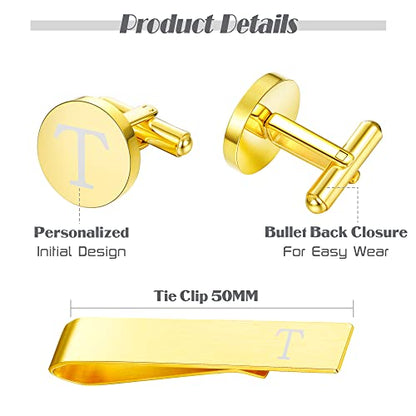 LOYALLOOK Black Initial Cufflinks and Tie Clip Set for Men Personalized Copper Cuff links and Tie Bar Letter Alphabet A-Z Gift for Father Husband Valentine Gifts for Men - color: T